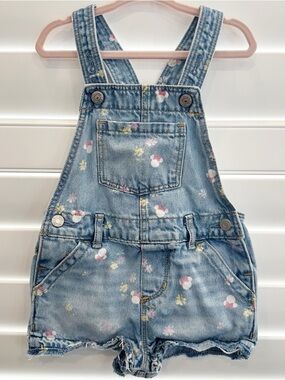 Disney Gap Toddler Light Blue Denim Floral Short Overalls Minnie Mouse Pattern